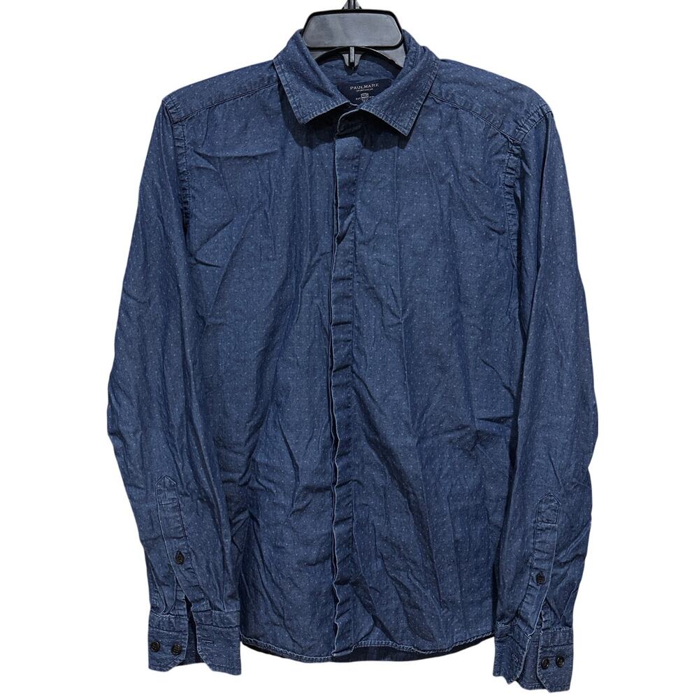 Paulmark Shirt Men Size M Blue All Over Print 100% Cotton Slim Fit Preppy Dapper